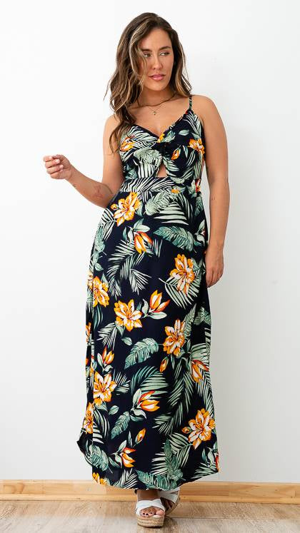 Vestido Flores con Escote Torcido